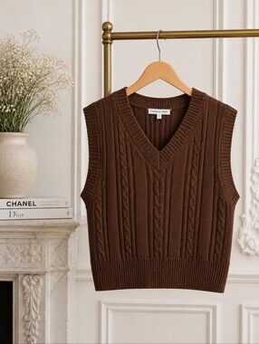 Common Stitch Brown Cable Knit Sweater Vest | V-Neck Knit Tank | Size S